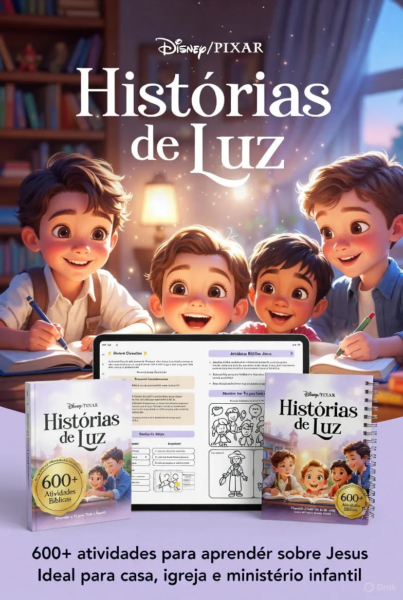 Mockup completo do material Histórias de Luz: capa, páginas internas e atividades bíblicas em uma composição visual